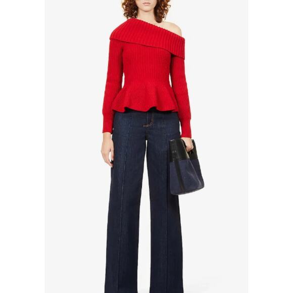 Alexander McQueen Asymmetric Peplum Hem Cashmere Blend Sweater XS Red Knit